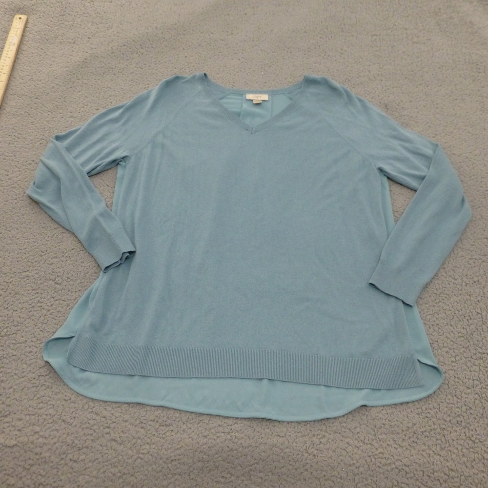 LOFT Sweater Top Womens Large Light Blue Mixed Media V-Neck High Low Back Pleat